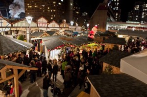 Overhead shot of the Vancouver Christmas Market booths